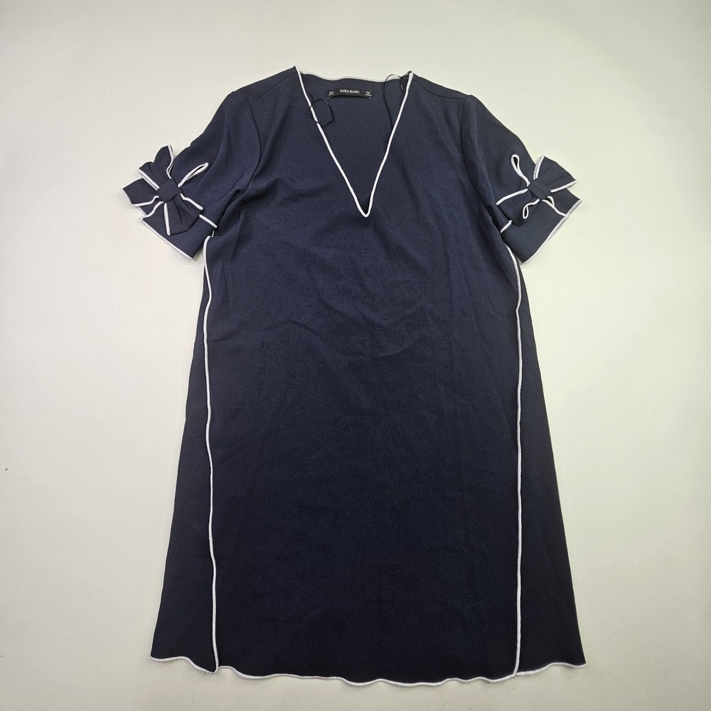 Zara Shift Dress Women Small Navy Blue White Bow Sleeve V-Neck Mini